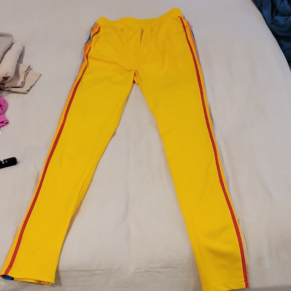 Yellow Track Pants with Red Stripes